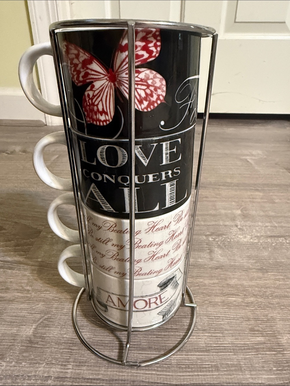 Pier 1 Imports Ceramic Stacking Mugs - Be Still My Beating Heart Rack Set of 4